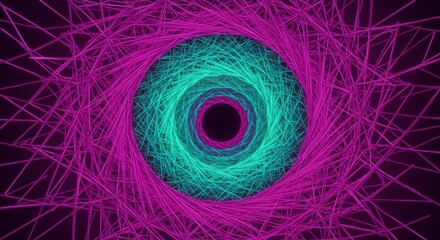Concentric glowing geometric lines form an abstract tunnel effect against a dark background
