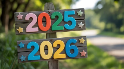 Wooden signpost with colorful numbers 2025 and 2026 indicating future