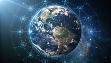 A digital illustration of Earth surrounded by interconnected icons representing technology and communication, highlighting global connectivity.