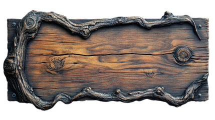 Rustic wooden sign with twisted branch frame on a dark background