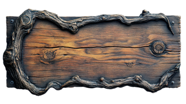 Rustic wooden sign with twisted branch frame on a dark background