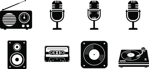 Audio, Music, Sound, Radio, Microphone, Speaker, Cassette, Vinyl, Turntable, Device, Vector, Icon, Graphic, Design, Illustration