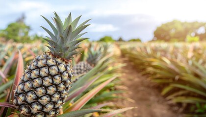 Fototapeta premium Close-up of pineapple plants growing in rows under sunlight. Tropical agriculture farm with green spiky leaves and natural background.