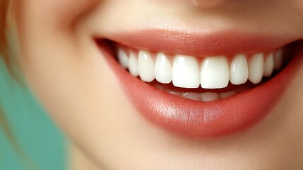 Obraz premium Close-Up of a Smile Showcasing Healthy White Teeth and Soft Lips with a Relaxed Background