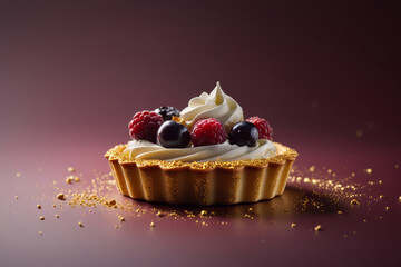 Tartlet with whipped cream and juicy berries on burgundy velvet background