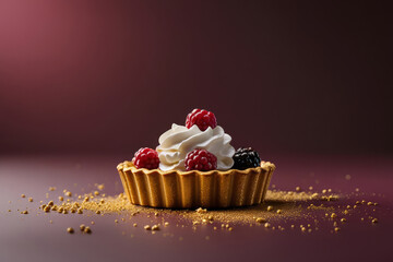 Golden tartlet with berries and cream on burgundy background. Delicious tartlet with berries on a burgundy background.