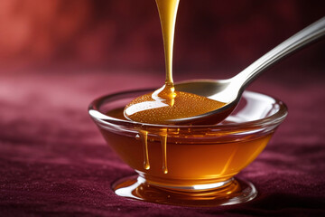Spoon pouring golden honey in glass bowl on burgundy silk