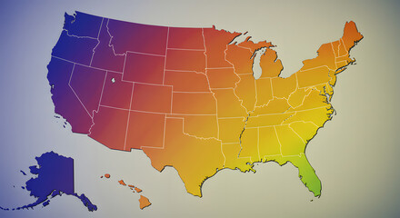 Obraz premium Colorful map of the United States of America with a vibrant spectrum gradient transitioning from cool to warm colors across the states