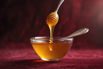 Honey dripping in golden stream into glass bowl on burgundy background