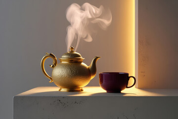 Golden teapot with burgundy cup and warm light steam. Tea ceremony. Elegant golden teapot with burgundy tea cup in warm interior