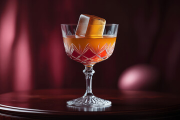 Crystal cocktail glass with golden garnish on burgundy silk background