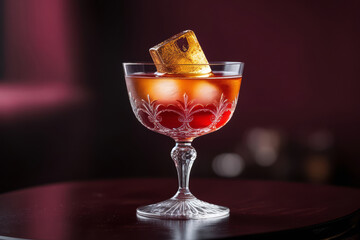 Luxury cocktail in crystal glass with gold rim and burgundy background