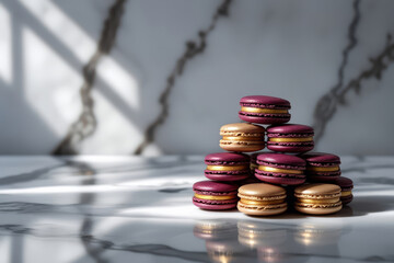 Stack of macarons in burgundy and gold tones on marble surface with space for text. Tower of gold and burgundy macarons on marble with soft lighting.