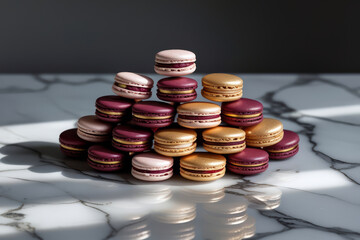 Stack of macarons in burgundy and gold tones on marble surface. Golden luxury macarons arranged in a pyramid on white marble. Tower of gold and burgundy macarons on marble with soft lighting.