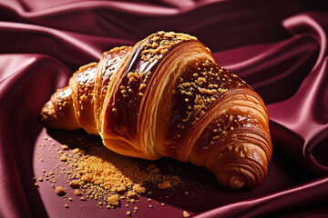 Golden croissant on burgundy silk fabric with shimmering light