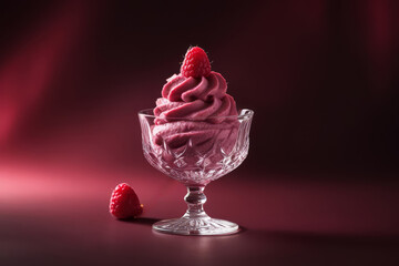 Raspberry ice cream in glass bowl on burgundy background. Pink raspberry ice cream in a crystal dessert bowl.