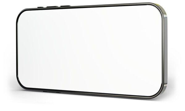 3D Horizontal smartphone mockup with white screen. Black mobile phone isolated on white background. Landscape phone. 3d png illustration