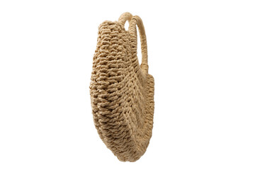 A beige straw bag isolated on a white background.