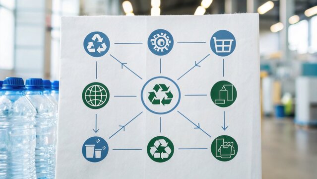 A visual representation of recycling processes, detailing connections between resources, waste, and sustainability within an industrial setting.
