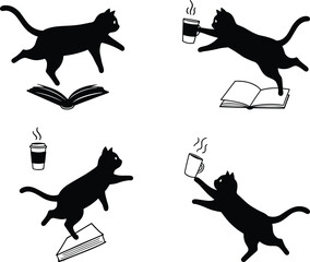 Black cat silhouette, coffee mug, open book, cozy reading, feline jump, playful pose, morning routine, steam, paper stack, study