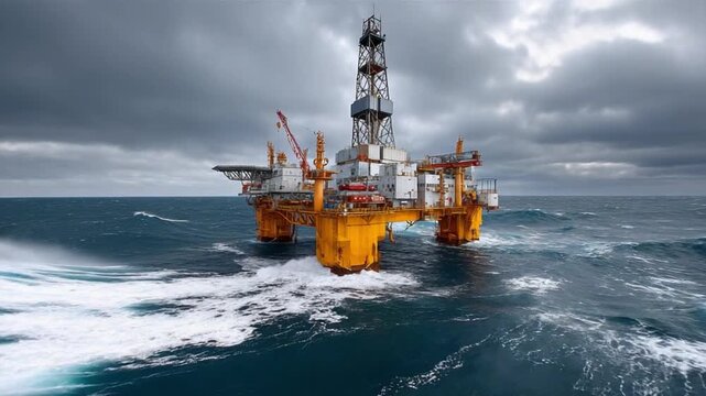 Oceanic Titan: An imposing offshore oil rig battles the elements amidst a tumultuous ocean, symbolizing human industry's relentless endeavor to harness resources from the depths.