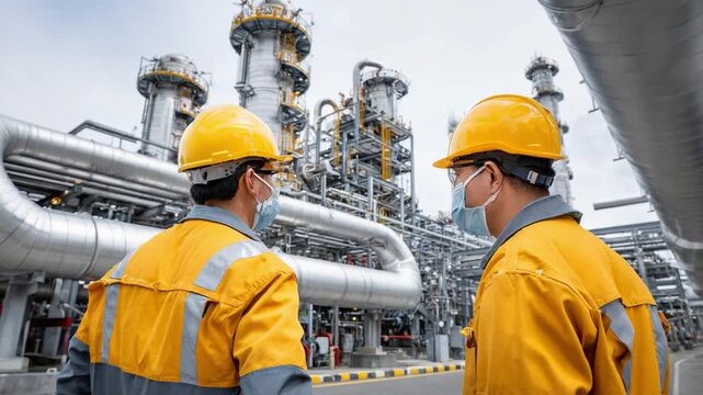Engineers at Oil Refinery: Two engineers in protective gear collaborate at a modern oil refinery.