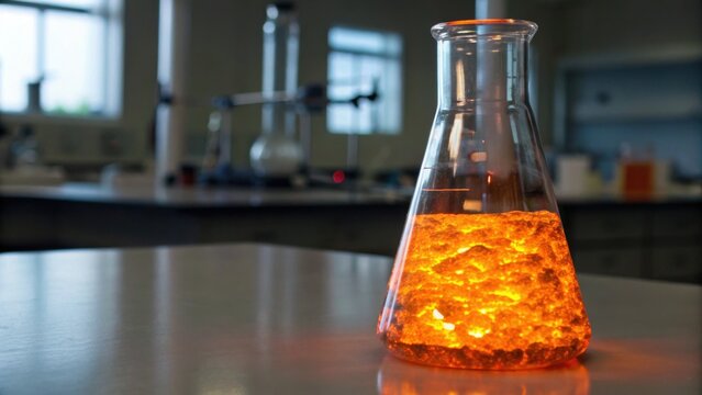 A glowing liquid in a laboratory flask, surrounded by scientific equipment, signifies experimentation and discovery in a modern lab setting.