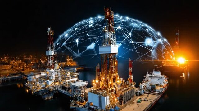 Oil Rig's Digital Nexus: An innovative scene showcasing an oil rig complex integrated with a digital network, symbolizing connectivity and technological advancement in the energy sector.