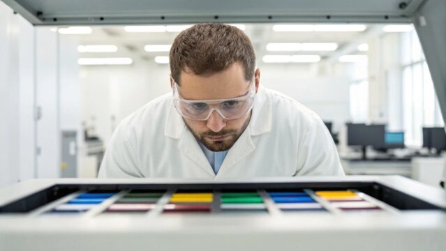 A focused scientist examines colorful samples in a modern laboratory setting, reflecting precision and innovation in research.