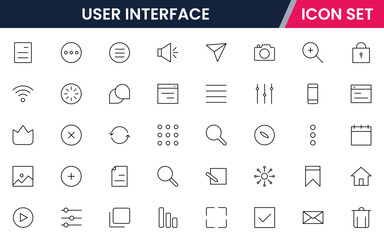 User Interface UI, UX web icons in line style. User, profile, message, mobile app, document file, social media, button, home, chat, arrow, collection. Vector illustration.