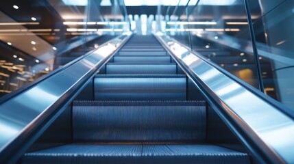 Close-up shot of a moving escalator in office lobby, focusing on metallic steps, reflective surfaces, and clean lines