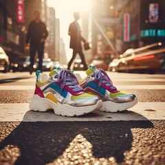 Obraz premium Close-Up of Vibrant Women's Sneakers on Urban Crosswalk with Sunlight Reflection, Street Fashion Editorial