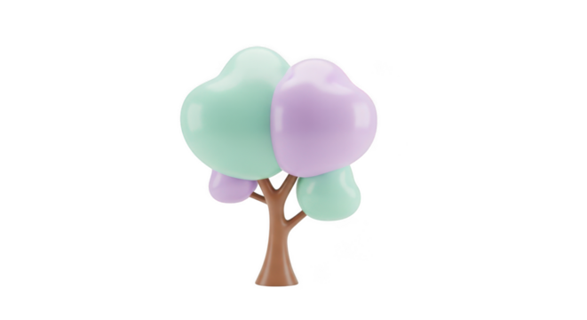 Whimsical 3D Tree with Heart- Shaped Leaves in Pastel Mint Green and Lavender on a Background isolated on a transparent background