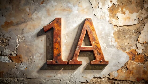 Rustic metal numbers "1A" are affixed to a crumbling, textured wall with peeling paint. Warm tones dominate the shot