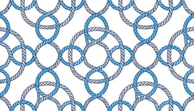 Seamless pattern showcasing interwoven rope circles in light blue and beige hues on a white background, creating a nautical design