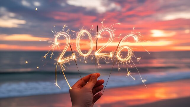 Sparkler fireworks form the year 2026 on a beach at sunset