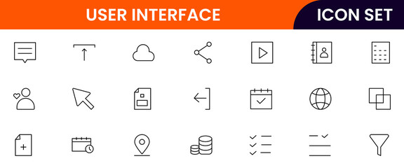 User Interface UI, UX web icons in line style. User, profile, message, mobile app, document file, social media, button, home, chat, arrow, collection. Vector illustration.