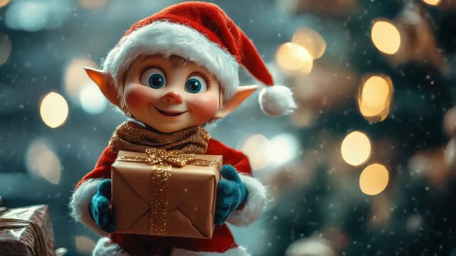 Santa's elf with gift box,realistic art photography for advertising,holiday christmas concept,creative composition from stock photos