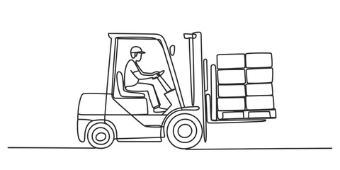 Continuous line art illustration of a forklift operator carefully transporting stacked cargo on a pallet, symbolizing efficient industrial logistics and warehouse operations.