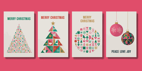 “Whimsical hand-painted retro folk art Christmas card collection with cheerful stylised Santa, decorative stars and rustic evergreen trees in vintage colour palette for nostalgic holiday greetings.”