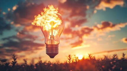 Conceptual image of a light bulb with rocket flames blasting off into the sky, symbolizing innovation, progress, and imagination