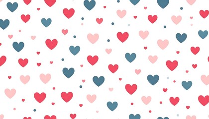 Seamless repeat pattern of pink, red, and teal hearts and small dots on a white background