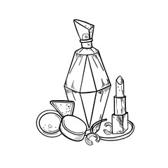 Make up beauty products black white vector painted for women. Perfume bottle and cosmetics line art. Monochrome drawing for beauty salon gift certificates. Outline hand drawn ink for feminine product.