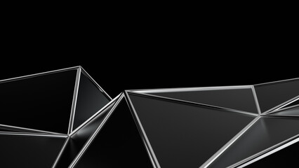 A dark, futuristic background with a low-poly geometric pattern. Features a complex mesh of black and gray triangles, ideal for technology and digital concepts. 3d rendering illustration not AI