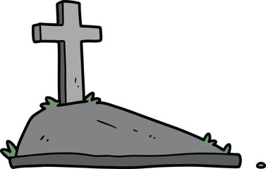 Cartoon grave with cross headstone, RIP burial icon, remembrance mourning symbol, cad drawing flat vector illustration, blackwhite