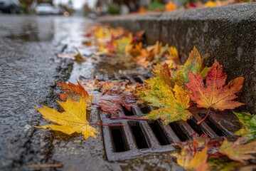 Storm Drain Leaves. Dead Leaves Suppressing Drainage in Autumn, Blocked by Colorful Fall Leaves on Wet Concrete Day