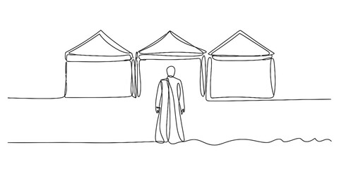 A continuous line drawing of a lone person in a traditional robe facing three tent structures, symbolizing spiritual journey, contemplation, discovery, and path. © Digital Illustration