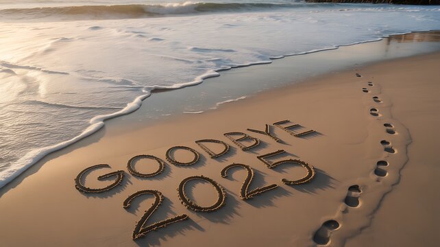 Footprints in the sand with goodbye 2025 written on the beach