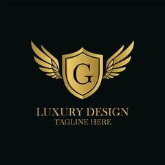 Elegant golden logo design with letter g, shield and wings for brand identity and luxury design concept