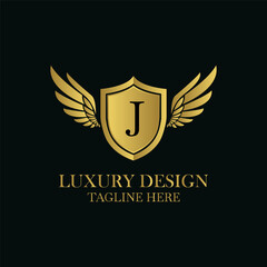 Sophisticated luxury logo design featuring golden shield with letter j and wings on
